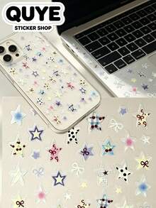1 Set Decorative Stickers With Tweezers, Macaron Color Star And Bow Pattern, Suitable For Laptop, Phone Case, Camera, Water Bottle, Storage Box - Colorful Plaid Stars - View 7