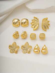 2/12PCS Fashionable Elegant Exquisite Floral Gourd Water Drop Print Square Cut Multi-Element Gold Metallic Earring Set, Suitable For Daily Wear, Gatherings And Parties - Gold - View 3