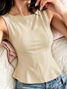 1pc Solid Color Knit Fabric Ruffle Trim Casual Top, Summer - Apricot - View 5