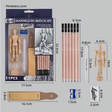 11-Piece Manikin Sketch Set, Adjustable Wooden Figure With Graphite Pencils, Charcoal Sticks & Blending Tools, Ideal For Anatomy, Gesture & Proportion Practice, Perfect For Artists, Students & Hobbyists - Sets - View 10