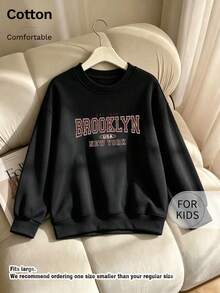Tween Girl Crew Neck Sweatshirt, Brooklyn New York Vintage Letter Print Pure Cotton Pullover - Black - View 9