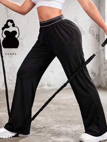 Knot & Curve Plus Size Women's Black Straight Leg Pants, Solid Color Elastic Waistband With Pockets, Autumn Style - Black - View 1