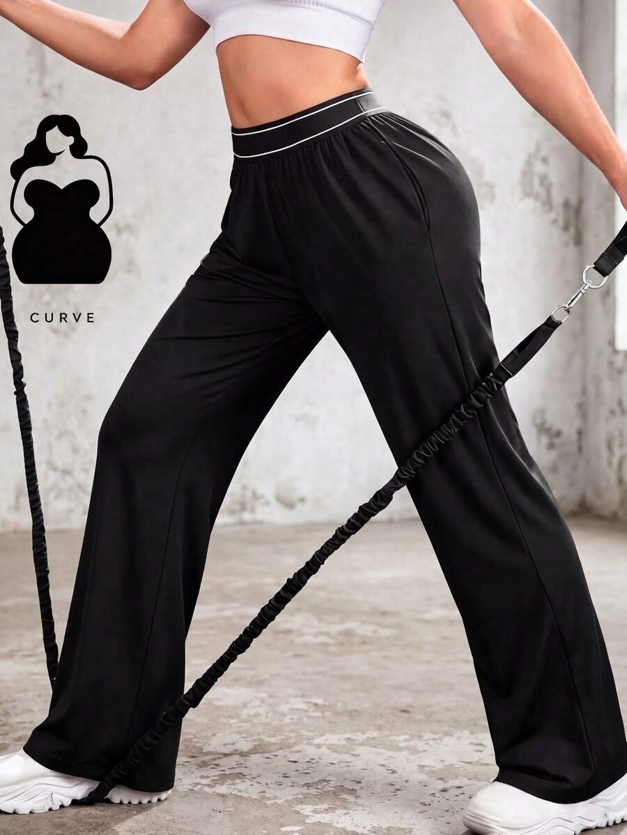 Knot & Curve Plus Size Women's Black Straight Leg Pants, Solid Color Elastic Waistband With Pockets, Autumn Style - Black - View 1