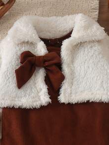 2pcs Baby Girl Vintage Forest Sweet Style 3D Bow Beige Fuzzy Jacket & Sleeveless Mermaid Dress Set, Autumn/Winter - Beige - View 4
