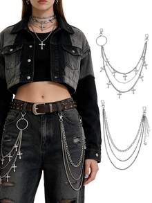 Layered Pant Chain Keychain, Unisex Punk Wallet Chain, Hip Hop Jeans Keychain, Halloween Accessory - Silver - View 1