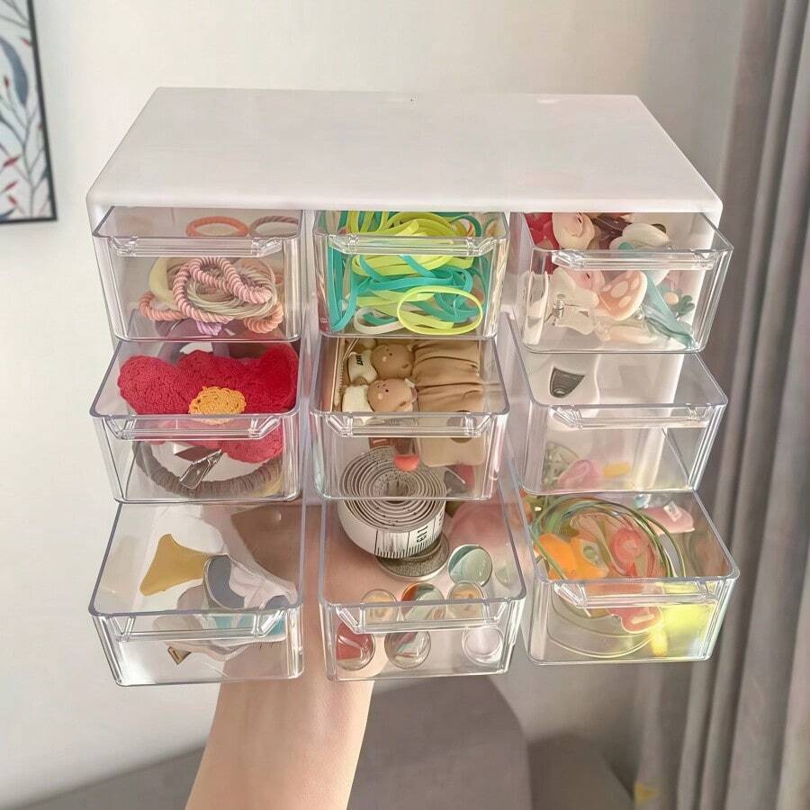 1pc 9-Grid Drawer Storage Box, White PP Material, Portable Storage Box For Office Supplies, Jewelry And Cosmetics, Multi-Functional Divided Design, Stackable Lightweight Home Or Office Storage, Desktop And Drawer Organizer For Crafts - Multicolor - View 1