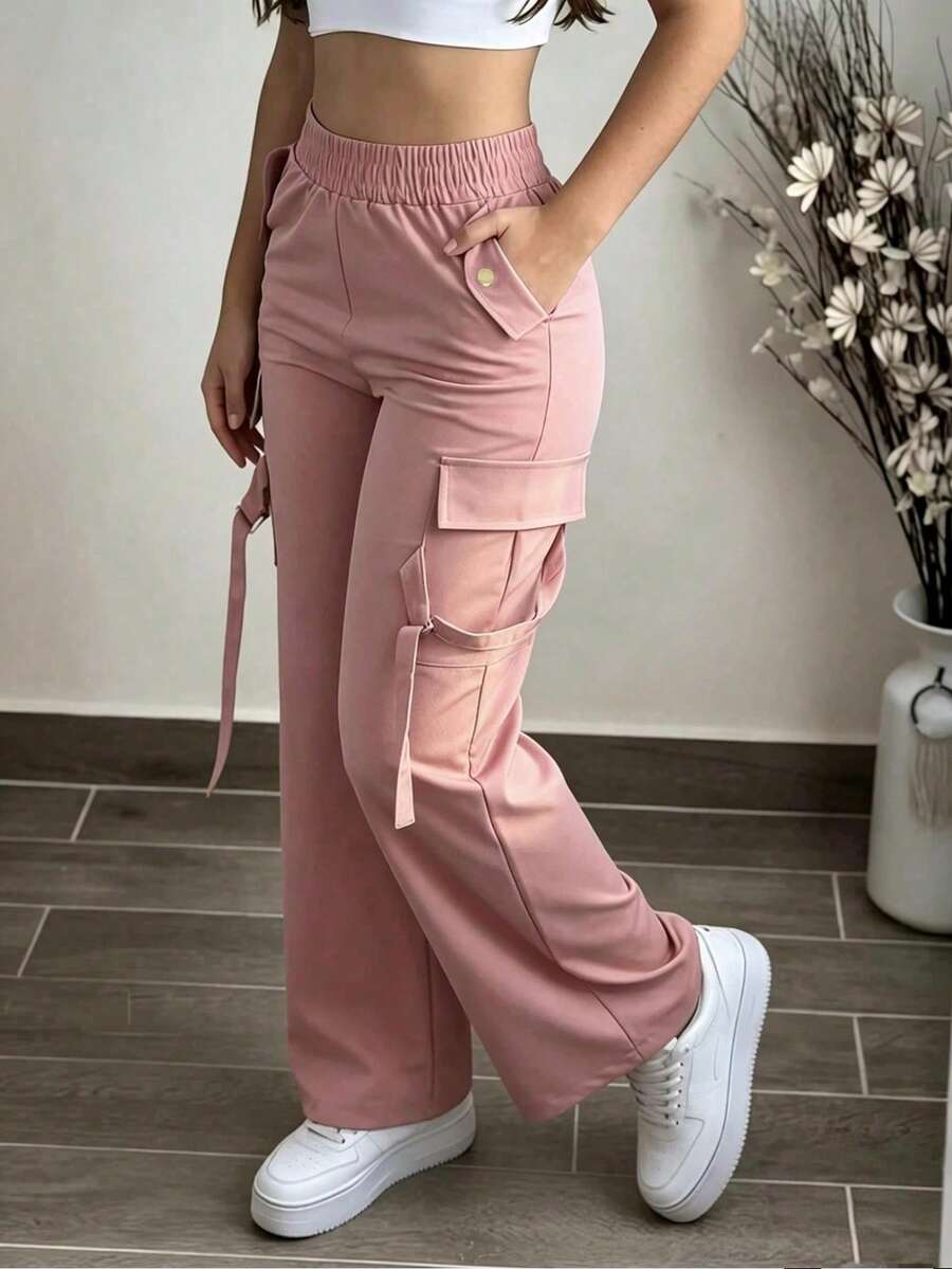 Autumn Back To School Commute Cargo Pocket Casual Sports Long Pants Pink - Pink - View 1