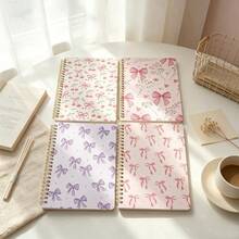 4 Packs A5 Spiral Notebooks With Cute Bowknot Cover Morandi Colors 50 Lined Pages Random Patterns Back To School Essential Office Must Have - A - View 2