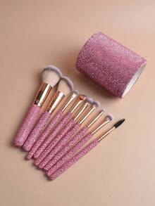 10pcs Multi-Function Rhinestone Makeup Brush Set - Includes 9 Luxury Charming Rhinestone Handle Brushes And 1 Fully Rhinestone Storage Tube - Desktop Storage Tube, Makeup Brush Storage Tube, Practical Makeup Brush Set - Suitable For All Skin Types - Multicolor - View 6