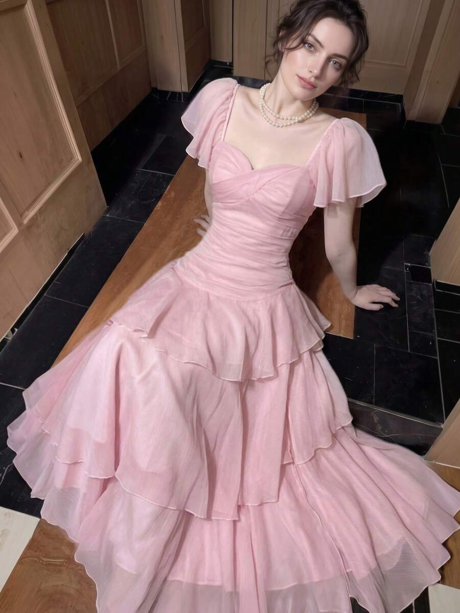女款優雅時尚淡粉色晚宴禮服,法式修身荷葉邊婚禮賓客畢業禮服,正式度假海灘夏季秋季穿搭 - 淺粉色 - 查看 1