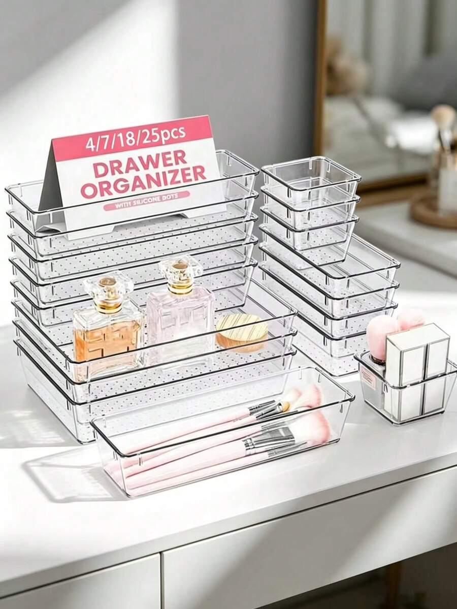 Clear Plastic Drawer Organizer Trays, Multi‑Size Makeup Storage Bins , Vanity Desk Drawer Divider For Cosmetics, Brushes, Jewelry, Office Supplies,Kitchen Gadgets, 4/8/9/13/18/25 Pcs Optional