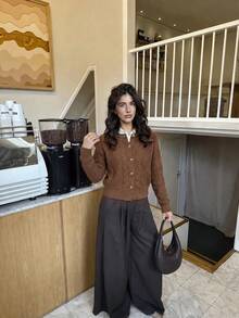 Women Fall Winter Brown Knit Cardigan, Round Neck Button Front Long Sleeve Casual Coat For Daily Wear & Date Outfits - Brown - View 4