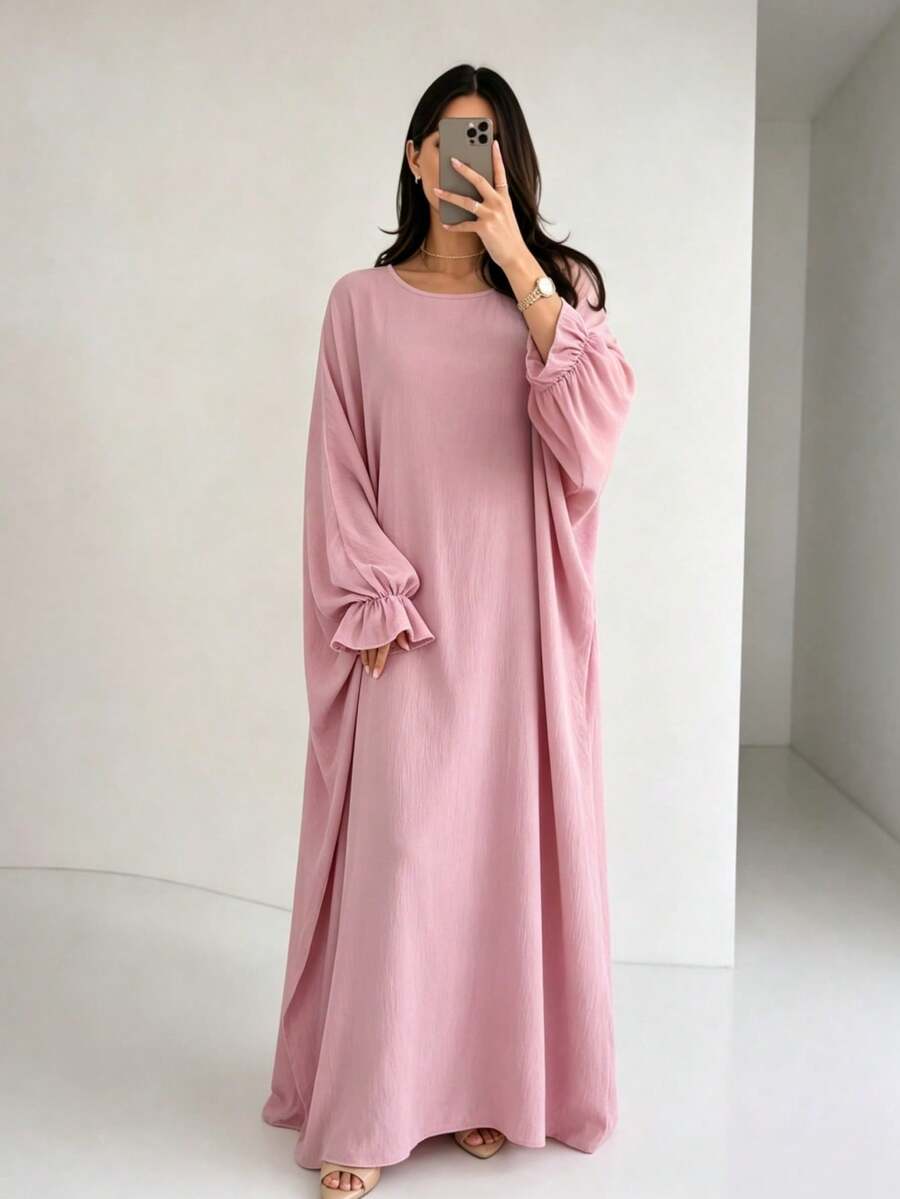 1 buah Gaun Muslim Lengan Manset Motif Bunga Warna Polos, Cocok untuk Pakaian Sehari-hari Wanita, Jalan-jalan, Sholat, Sepanjang Musim - MultiWarna - View 1