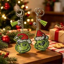 The Grinch New Green Furry Monster Rhinestone Bling Christmas Monster Christmas Fashion Funny Keychain Christmas Cartoon Pendant Tassel Rhinestone Bag Decoration Exquisite Christmas Gift - Multicolor - View 5