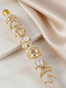 9pcs Personalized Faux Pearl Asymmetrical Fashion Ring Set, Suitable For Women To Wear At Parties, Gatherings, Weddings, Layering And Matching - Yellow Gold - View 3