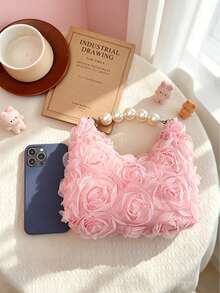 Sweet Floral Lace Hobo Bag, Faux Pearl Beaded Handle Mini Clutch, Cute Sweet Evening Party Handbag - Multicolor - View 2