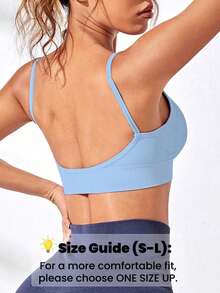 1pc Solid Color Casual Racerback Sports Bra For Women, Seamless Comfortable Spaghetti Strap Sexy V-Neck Fashion Sports Camisole Fall - Sky Blue - View 3