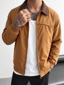 1pc Men's Khaki Lapel Collar Workwear Jacket, Comfortable Woven Fabric, Durable And Fade-Resistant, Versatile Solid Color Outerwear For Daily Commute And Casual Outings - Khaki - View 3