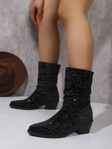 Women's Rhinestone Floral Pointed Toe Chunky Heel Ankle Boots, Vintage Western Cowboy Style Ruched Boots, Autumn/Winter Street Fashion Boots - Black - View 4