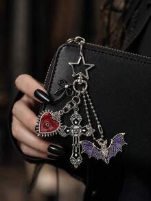 Gothic Cross Keychain, Dark Bow Bat Heart Pendant, Personalized Car Keychain, Bag Charm, Unique Birthday And Halloween Gift. - Multicolor - View 2