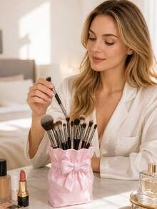 1pc French Sweet Bow Makeup Brush Holder, Pink & White Color, Suitable For Vanity, Bathroom Countertop, Home Storage, Girly Style, Valentine's Day And Girl Gift Choice - Multicolor - View 3