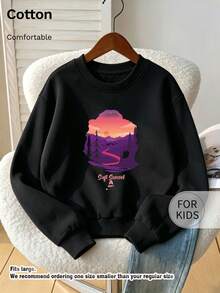 Children's Crew Neck Sweatshirt, Soft Sunset Mountain Landscape Print Pure Cotton Pullover, Soft Casual Long Sleeve Top - Black - View 1