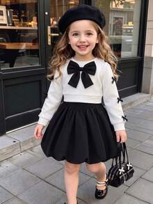 Young Girls 2pcs Set Autumn/Winter New Solid Color Patchwork Puff Dress With 3D Bow Decor & Knit Round Neck Sweatshirt, Fashionable Young Girls Outfit For Outdoor Wear - Black - View 2