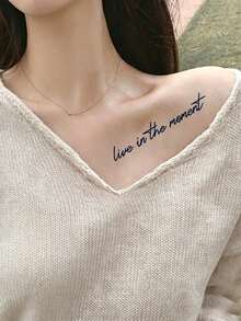 6 Sheet Blue Ink Lettering Temporary Tattoo Stickers, Gothic Cursive Inspirational Texts With Rose Butterfly Designs, Waterproof Body Art Decals, Apply On Collarbone, Arm, Shoulder, Cool Literary Daily Decor - Black - View 3