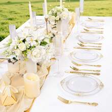 Gold Cutlery Set, 10.25 Inch Dinner Plate/7.5 Inch Side Plate, White Base With Gold Embossed Dragon Pattern Plates, Washable And Reusable Party Plates, Fruit/Cake Trays, Placemats, Stackable To Save Space. Perfect For Weddings, Parties, Birthday Gatherings, Outdoor Garden Banquets, Christmas, Thanksgiving Dinners - View 10