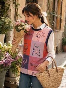 New Spring/Summer Women's Round Neck Sleeveless Tank Top, Cartoon Colorful Cat Print, Colorblock Knit Trim, Suitable For Daily Wear Fall - Apricot - View 5