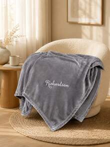 1PC Personalized Custom Text Embroidered Solid Flannel Throw Blanket, 2 Colors Optional, Decorative Cover For Armchair Sofa Bedroom, Ideal Holiday Anniversary Birthday Gift For Family Members - Multicolor - View 2