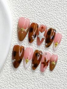 10片裝 Mailard 風格手工穿戴甲，Polygel 美甲套組，星爆五角星棕色與白色美甲，韓系風格，附美甲工具，3種尺寸可選，杏仁甲、鴨嘴甲、棺材甲，適合派對、舞蹈、日常穿戴 - 彩色 - 查看 16