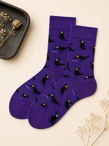 1 Pasang Kaos Kaki Halloween Setengah Betis, Gaya Musim Semi/Gugur, Bernapas dan Nyaman, Desain Motif Gagak Ungu Kartun, Modis, Sempurna untuk Malam Halloween, Cocok untuk Pesta - Purple - View 5
