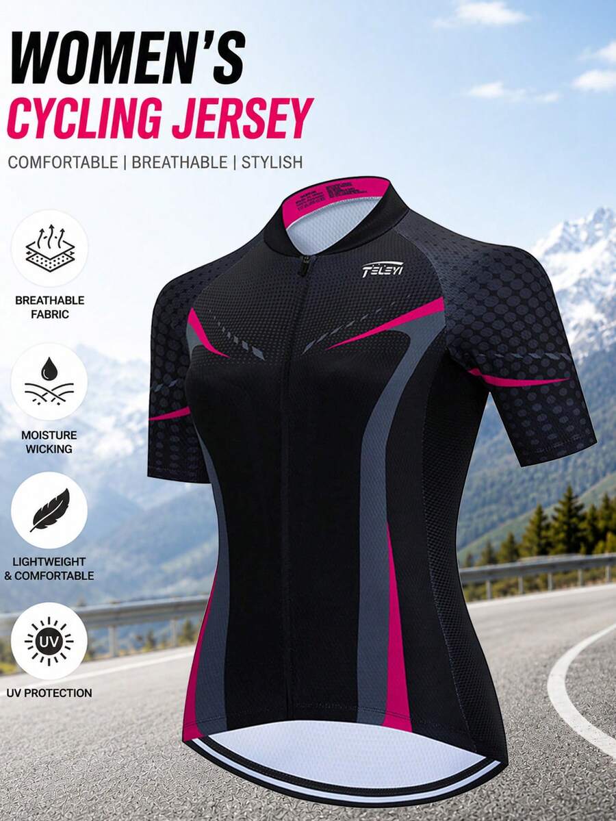 1 pieza Jersey de ciclismo para mujer, conjunto de ciclismo de montaña de manga corta de verano, ropa deportiva negra - Negro - Ver 1