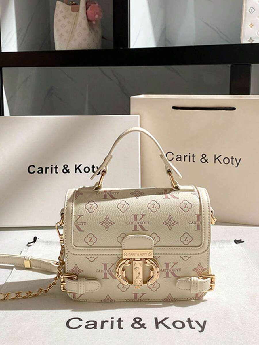Carit & Koty 1件女款手提包，2026新款，壓紋金屬扣PU皮革斜挎包，適合日常休閒、約會與聚會，錢包