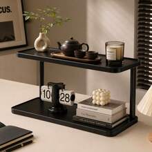 1pc Black Double-Layer Desktop Storage Rack, Vintage Wooden Organizer, Multi-Functional Countertop Organizer, Minimalist Storage Shelf, Water Cup Coffee Cup Holder, Spice Rack, Suitable For Kitchen Countertop, Side Cabinet, Bedroom Vanity And Living Room Tea Set Organization And Storage - View 2