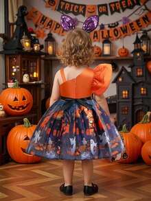 Baby Girls Asymmetric Neck Ghost Pumpkins Bat Haunted House Halloween Elements Pattern Satin Fabric Cute Party Princess Dress, Fabric Pattern Random Cut, Headband And Handbag Not Included - Multicolor - View 3