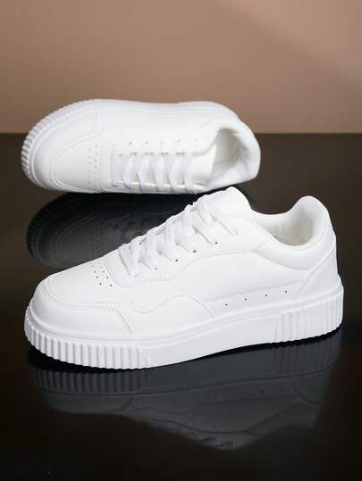 Women's Casual Sports Shoes New Style All-Season Wearable White Lace-Up Low-Top Fashion Casual Shoes Minimalist Flat Bottom Sneakers Suitable For Daily Commute City Walking Shopping Travel Leisure Gathering Outdoor Strolling