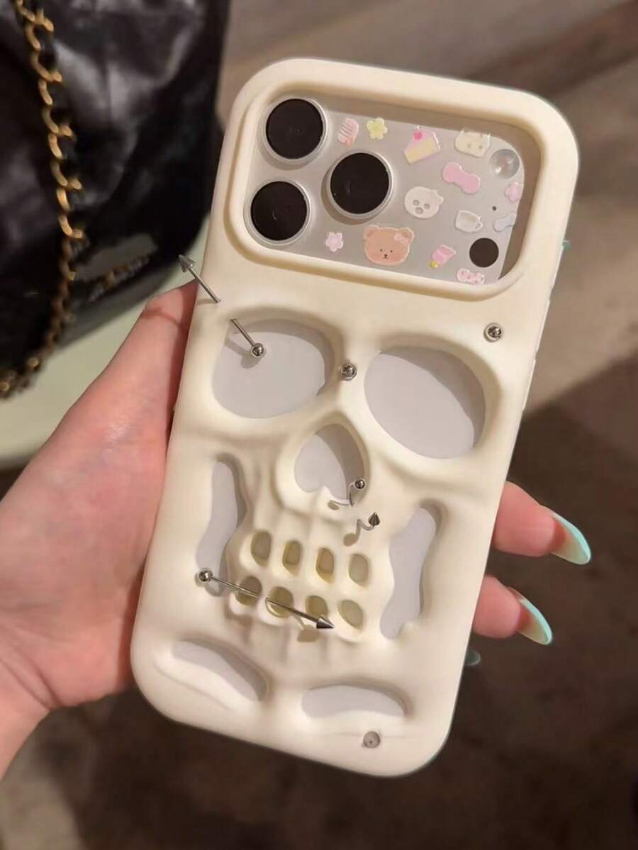 Premium White Hollow Skull Design Full Edge Protective Phone Case Compatible With Iphone 14 Pro Max, 16, 16 Pro Max, 17, 18, Anti-Drop Shockproof Cover For Women, Niche Style - White - View 1