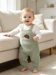 1pc Korean Ins Style Infant Knitted Bib Jumpsuit, Cute Hedgehog Embroidery Pattern, Unisex Baby Simple Versatile Knitted - Green - View 9