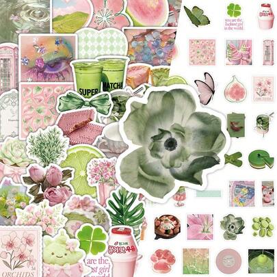 70pcs Summer Salt-Style Pink & Green Ins-Style Small Object Stickers, Fresh Healing Planner DIY Decals
