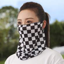 1pc Black & White Plaid Face Sun Protection Neck Gaiter With Earring Loops, Face & Neck Protection, Elastic Soft Warm Winter Scarf/Mask, Suitable For Cycling, Motorcycle Riding & Outdoor Activities - Black and White - View 4