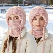 Topi Balaclava Rajut Musim Dingin 3-in-1 Wanita, Tudung Penutup Telinga Berlapisan Bulu Lembut dengan Masker Wajah yang Dapat Dilepas & Tali Serut, Syal Leher Hangat Terintegrasi dengan Topi Salju - MultiWarna - View 4