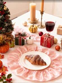 1/2/4pcs Luxury Style Round Scalloped Edge Satin Placemats, Tabletop Protection & Decoration, Soft Decor For Autumn/Winter Christmas Holiday Home Dinner Party - Pink - View 9