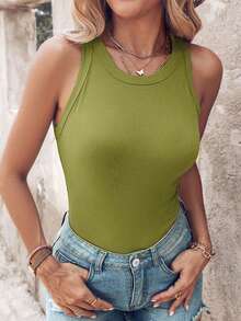 ChicMe Sleeveless Ribbed Knit Tank Top, Fitted Style, Basic Casual Everyday Wear For Women Elegant Summer - Army Green - View 6