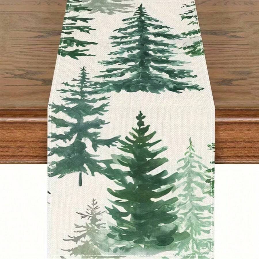 1/2 Set Of Linen Table Runne, Beige Background, Green Christmas Tree Design. Durable Indoor And Outdoor Holiday Table Flags, Suitable For Kitchen, Restaurant, And Christmas Party Decoration, Holiday Themes, And Home Decor.