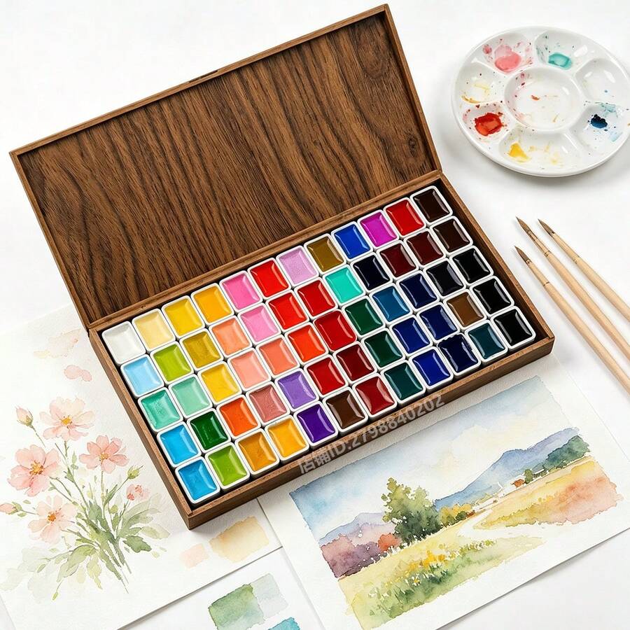 Professional 60-Color Watercolor Palette Wooden Box Solid Paint Set, Rich Pigment, Suitable For Artists Sketching Painting Crafts