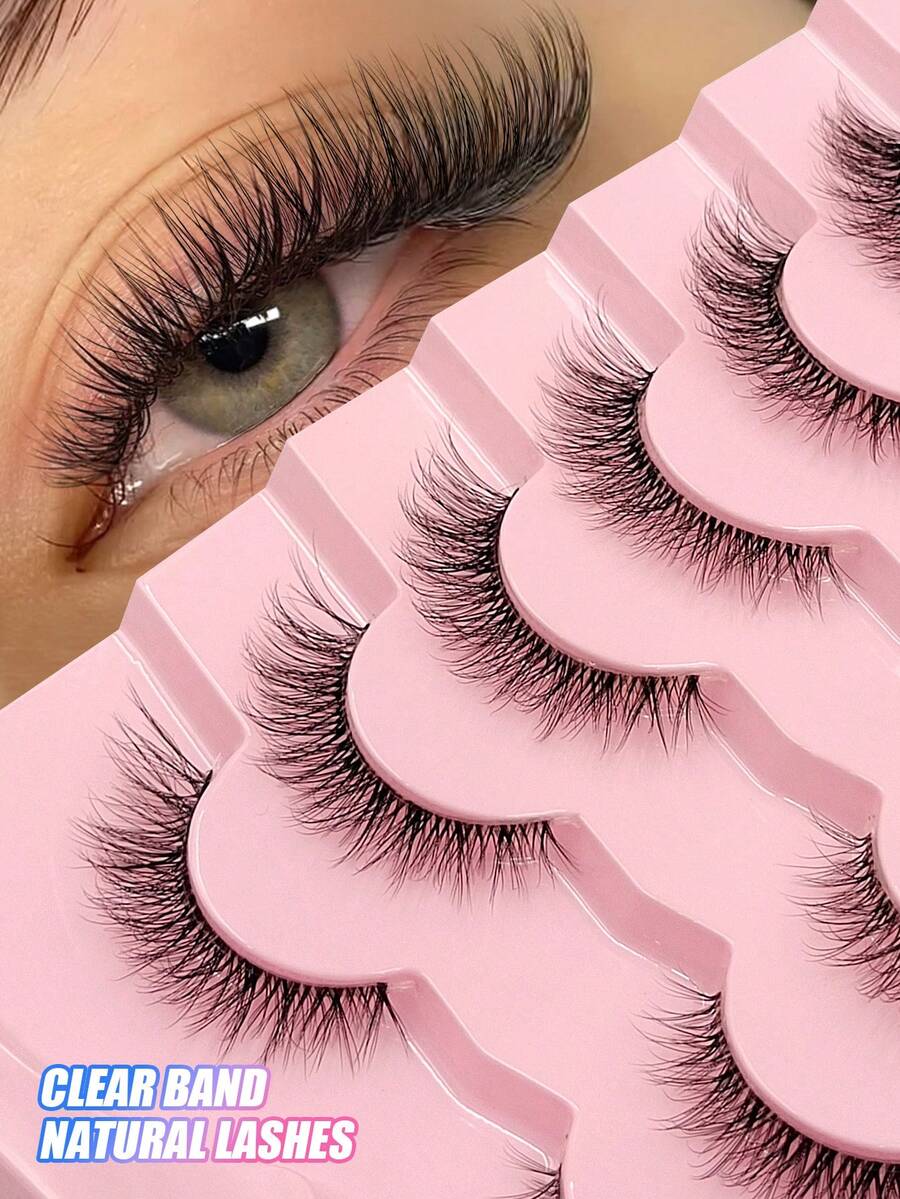 Asiteo 7 Pairs Clear Stem Cat Eye False Eyelashes, Natural Look, Reusable, Lightweight Soft Curly Strip Lashes, Suitable For Women's Daily, Nightclub, Commute Wear - Black - View 1