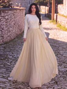 Elegant Women's Long Sleeve Boat Neck Chiffon Evening Gown, Embellished With Sequins And Pearls, Perfect For Formal Occasions And Graduation Proms - Apricot - View 1