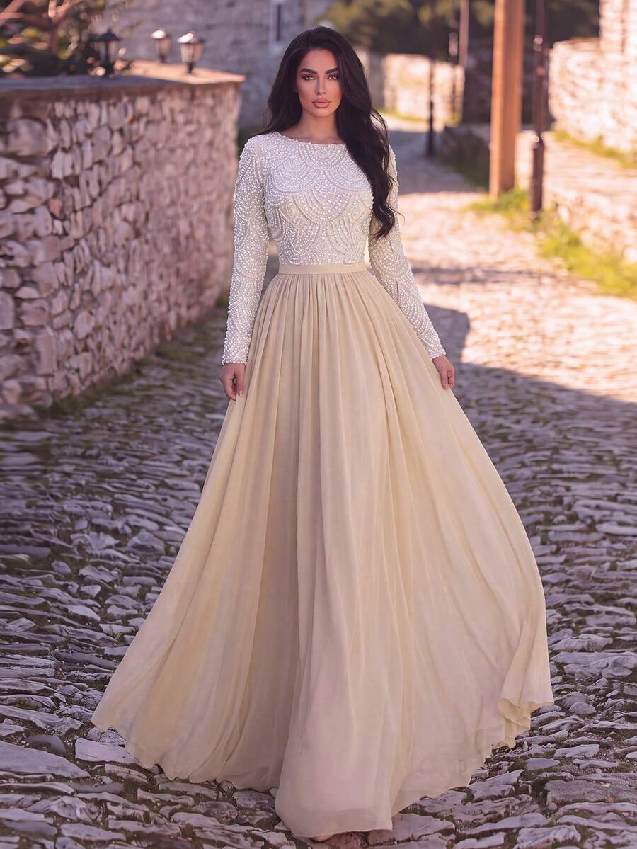 Elegant Women's Long Sleeve Boat Neck Chiffon Evening Gown, Embellished With Sequins And Pearls, Perfect For Formal Occasions And Graduation Proms - Apricot - View 1